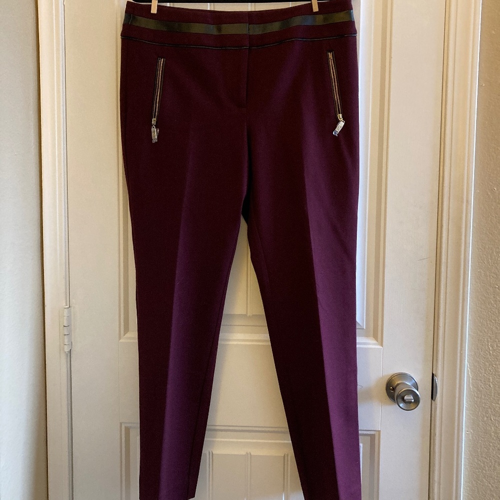 Anne Klein Burgundy Pants size 12 gold tone zipper feaux leather